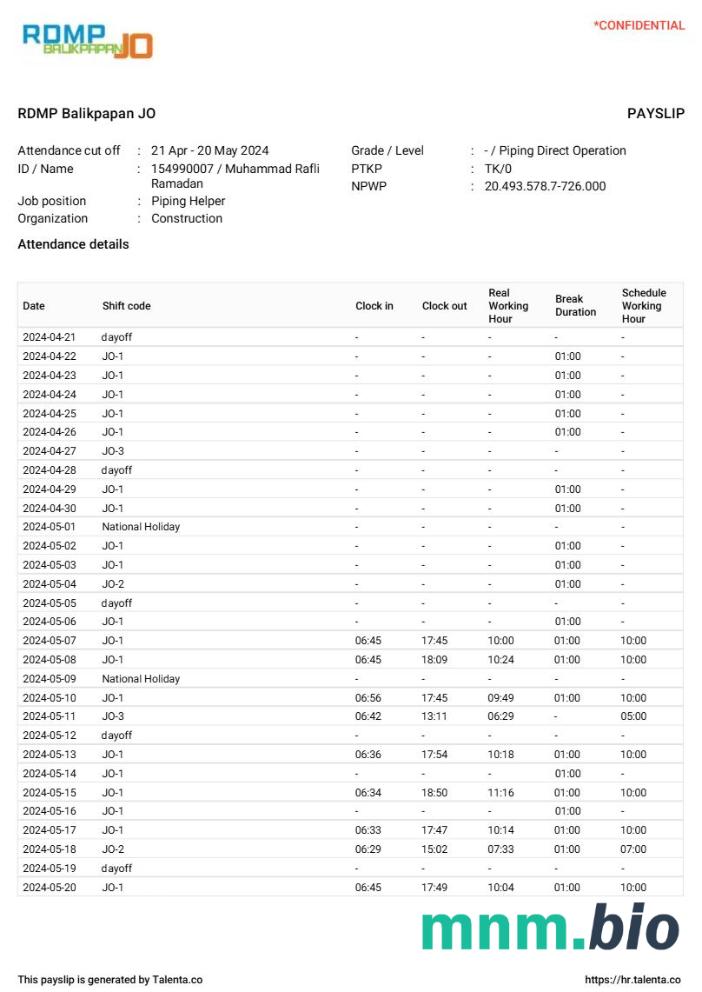 Szablon rdmp Balikpapan jo construction company payslip w formatach Word i PDF, 2